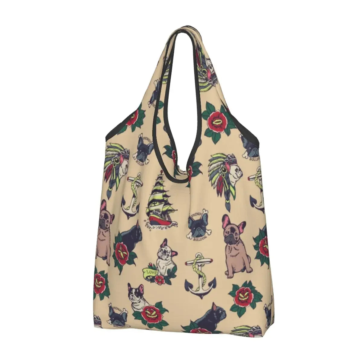 Recycling Pop Art Style French Bulldog Faces Shopping Bag Women Tote Bag Portable Frenchies Dog Pet Gift Groceries Shopper Bags