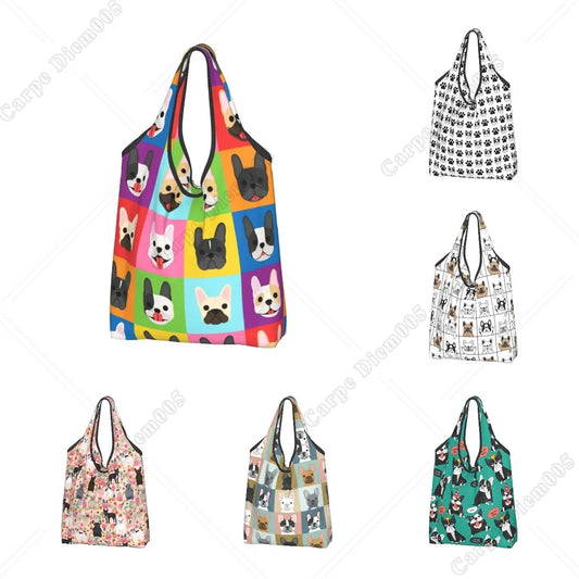 Recycling Pop Art Style French Bulldog Faces Shopping Bag Women Tote Bag Portable Frenchies Dog Pet Gift Groceries Shopper Bags